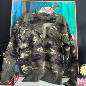 Vintage Peter Storm Men's Olive Camouflage Thick Knit Wool Crewneck Sweater XL